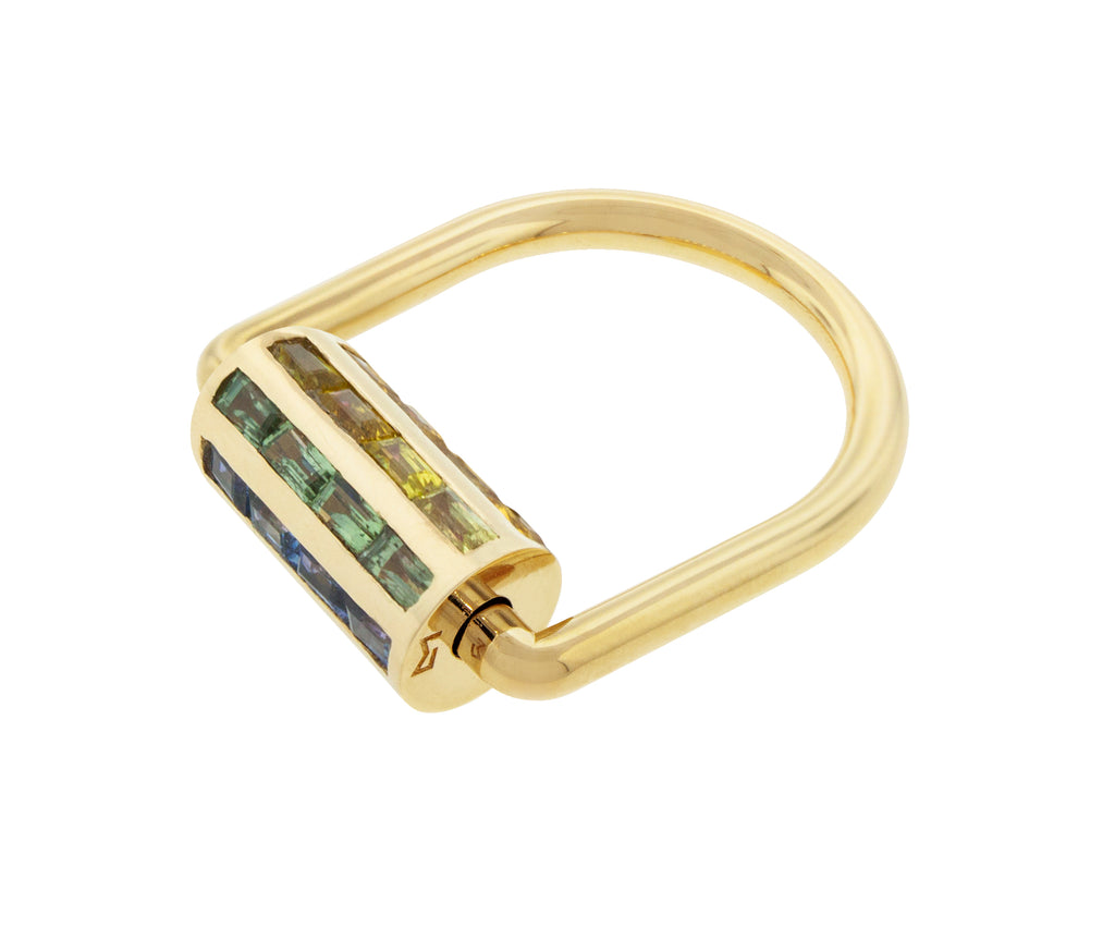 14K Yellow Gold Roller Ring with Rows of Rainbow Sapphire Baguettes  *This Ring can be worn as a Pendant*  *If you do not see the size you need, please reach out to Customer Service*