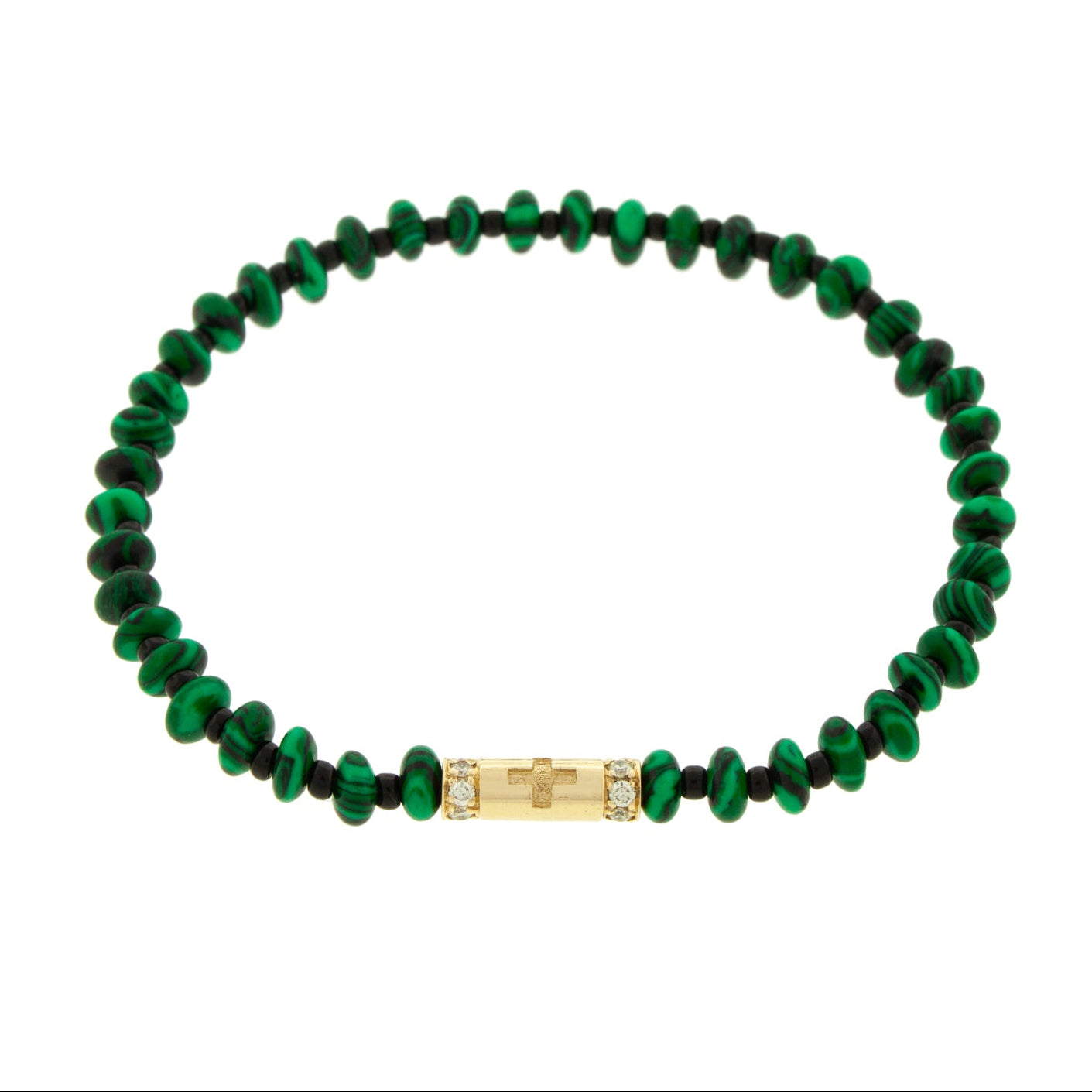 LUIS MORAIS 14K yellow gold slim tube with a cross symbol and two channels of white diamonds on a malachite and glass beaded bracelet