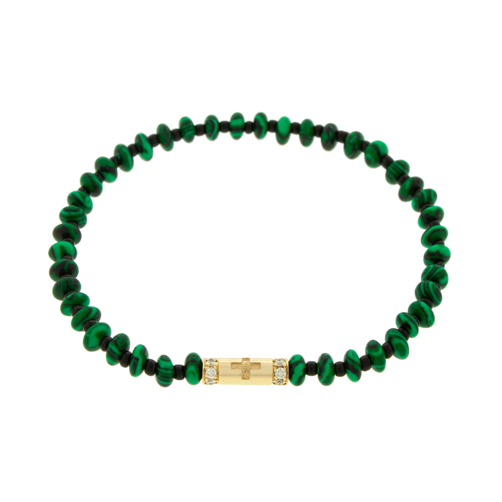LUIS MORAIS 14K yellow gold slim tube with a cross symbol and two channels of white diamonds on a malachite and glass beaded bracelet