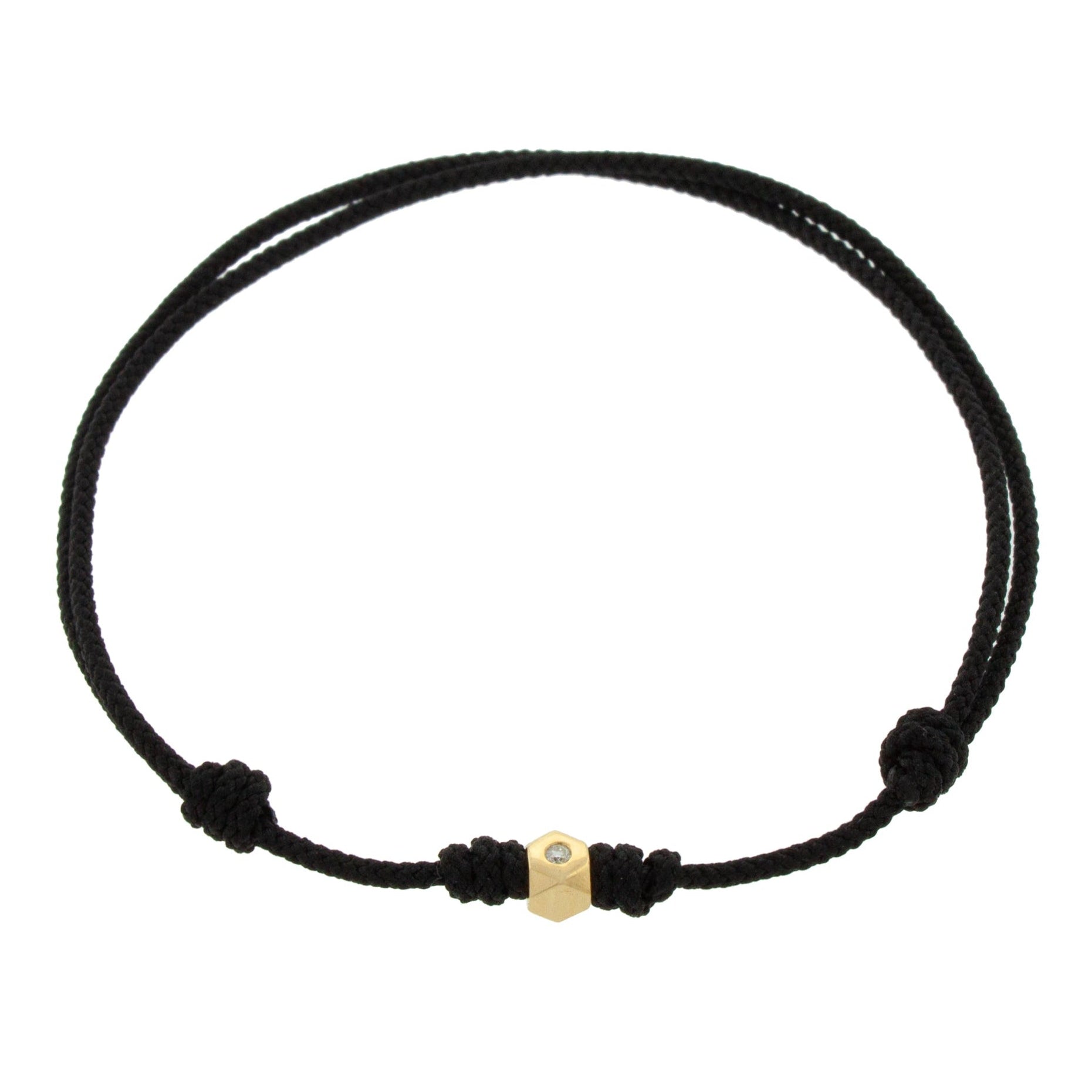LUIS MORAIS 14K Yellow Gold Flat Tetra Bead with a White Diamond on a Black Cord Bracelet