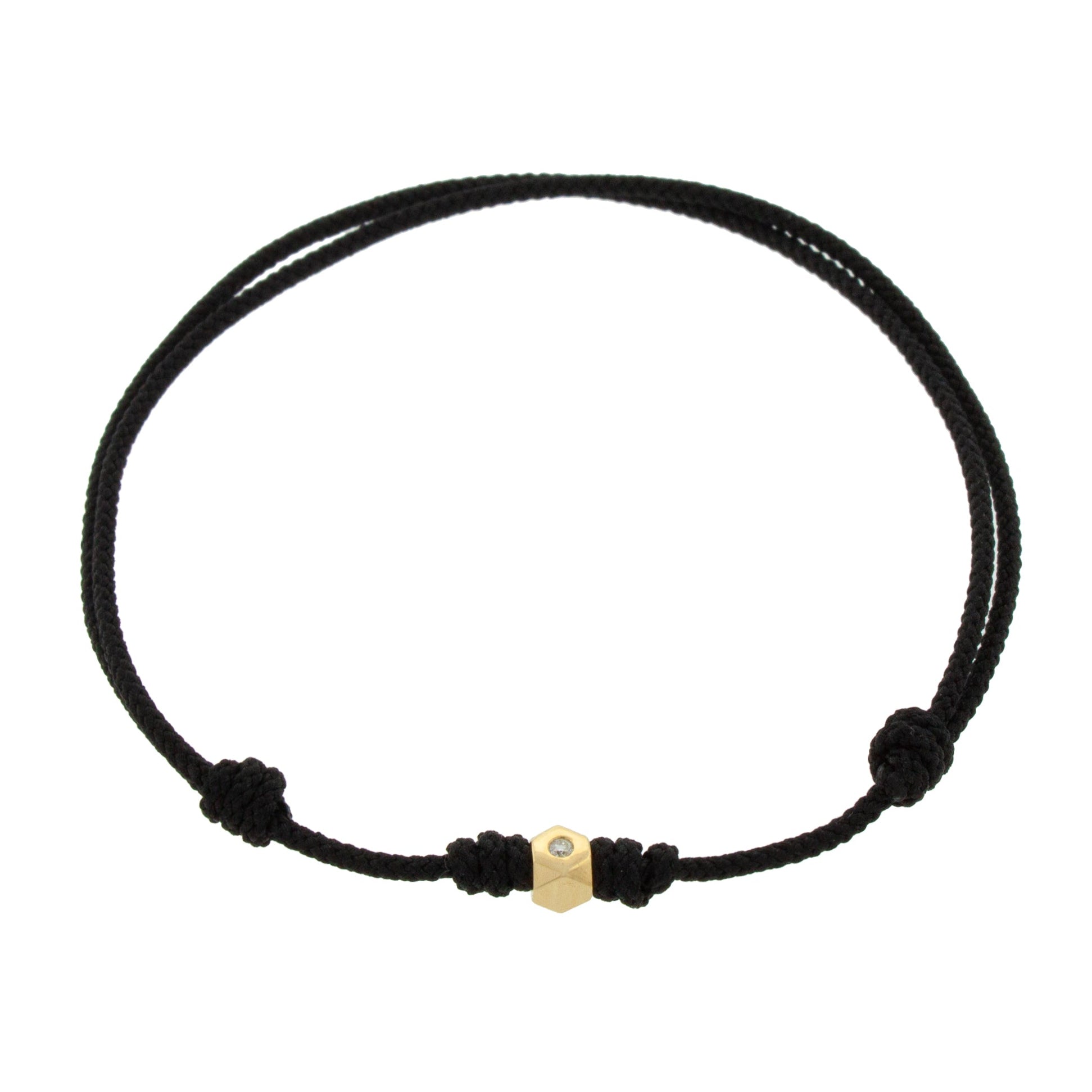 LUIS MORAIS 14K Yellow Gold Flat Tetra Bead with a White Diamond on a Black Cord Bracelet