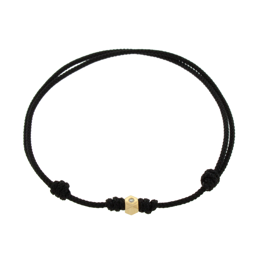 LUIS MORAIS 14K Yellow Gold Flat Tetra Bead with a White Diamond on a Black Cord Bracelet