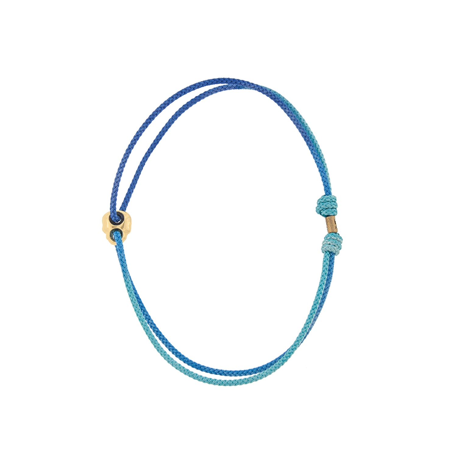 14K Yellow Gold Small Skull Outline on a Blue Ombre Cord Bracelet