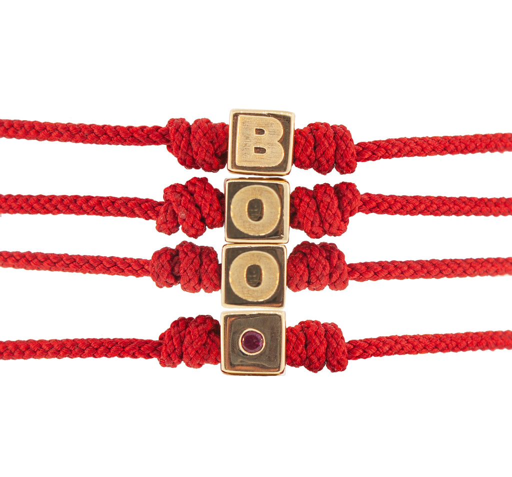 Gold Boo Cube With Ruby Cord Bracelet