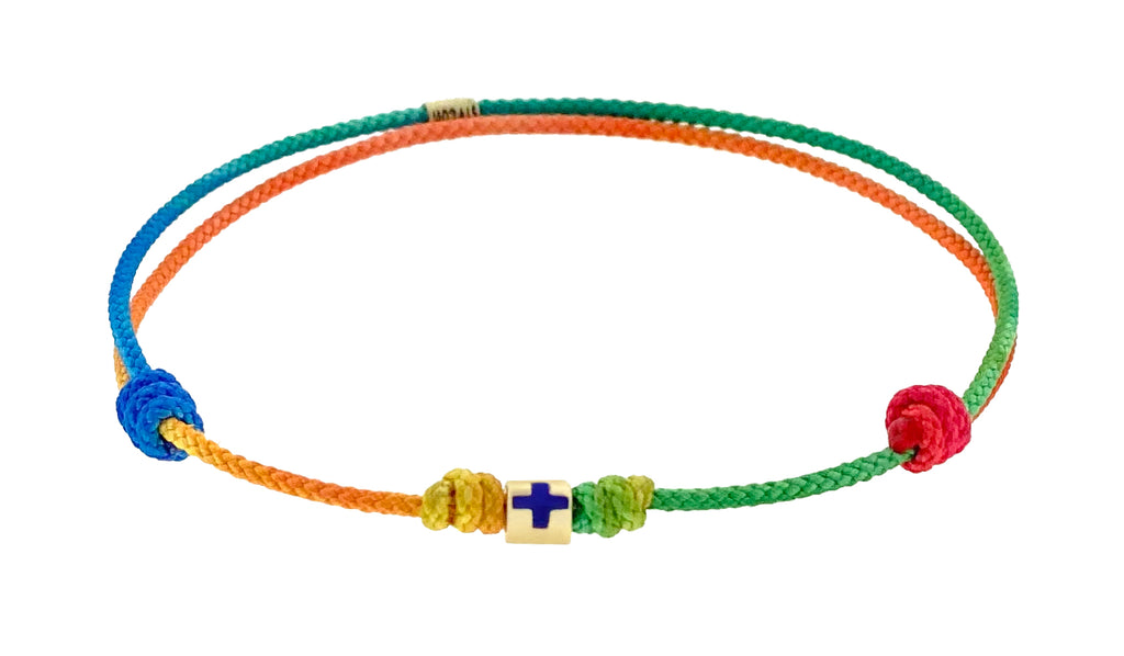LUIS MORAIS 14K Yellow Gold Short Roll Bead with an enameled cross on a cord bracelet&nbsp;