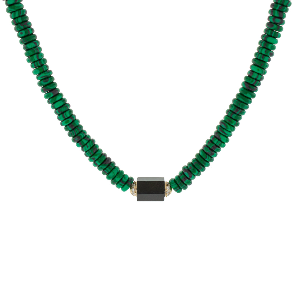 LUIS MORAIS 14K yellow gold hexagon onyx bolt with two channels of white diamonds on a malachite gemstone beaded choker necklace with a 14K yellow gold long clasp