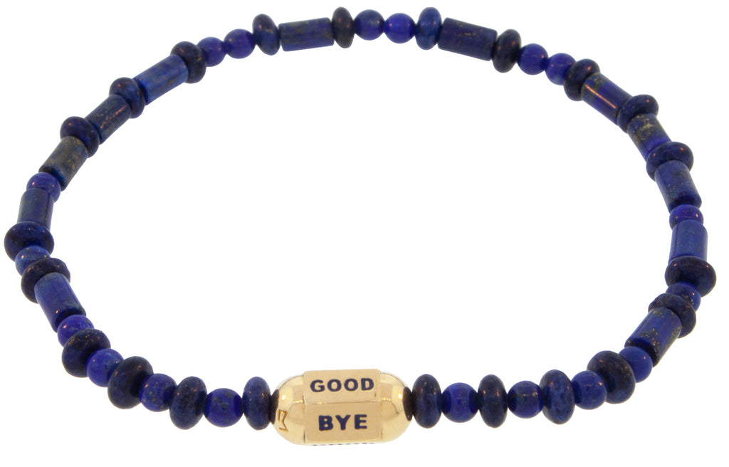 LUIS MORAIS 14K Yellow Gold Hexagon Bolt Bead with Blue Enamel on a Gemstone Beaded Bracelet