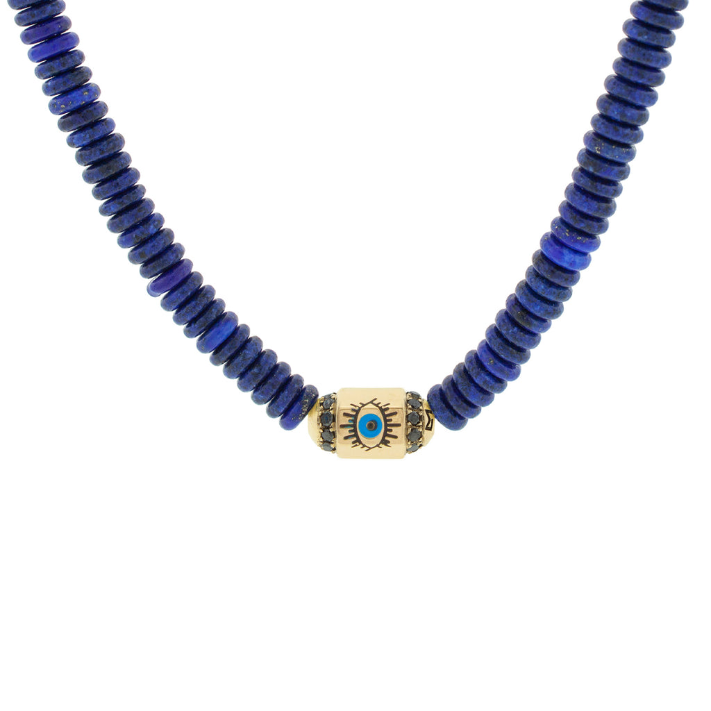 LUIS MORAIS 14K yellow gold hexagon bolt with an enameled evil eye and two channels of black diamonds on a lapis gemstone beaded choker necklace with a 14K yellow gold long clasp