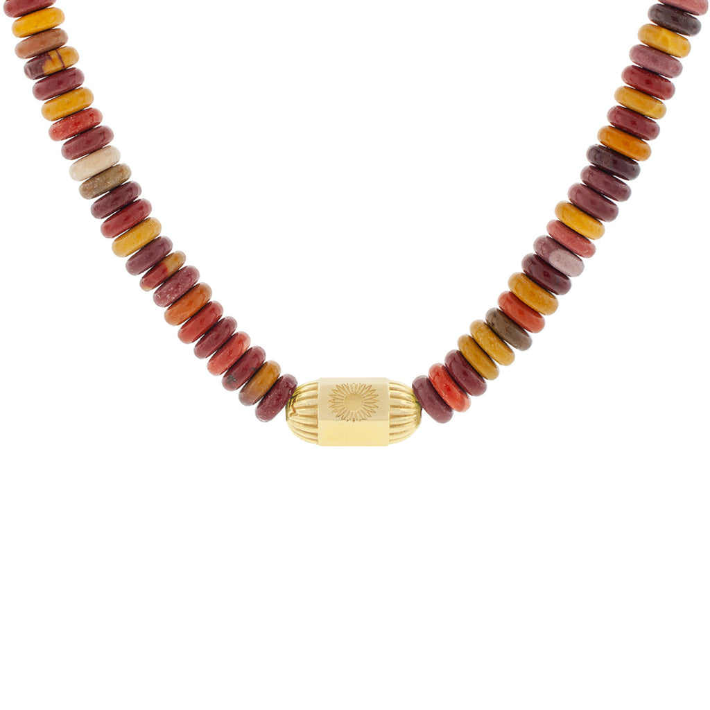 LUIS MORAIS 14K yellow gold hexagon bolt bead with a sunburst symbol on an egg yolk mixed gemstone beaded choker necklace with a 14K yellow gold long clasp