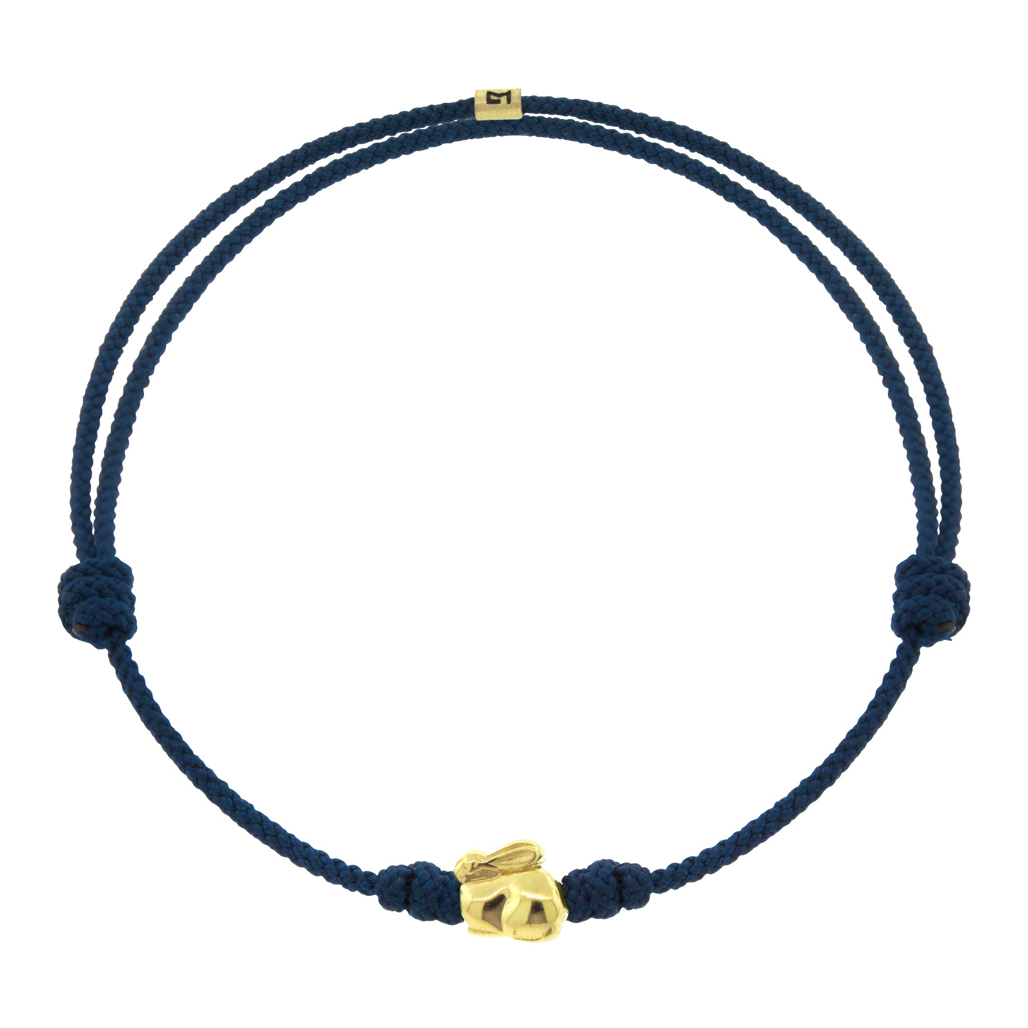 14K yellow gold 'Year of the Rabbit' navy cord bracelet. The rabbit symbolizes longevity, peace and prosperity.
