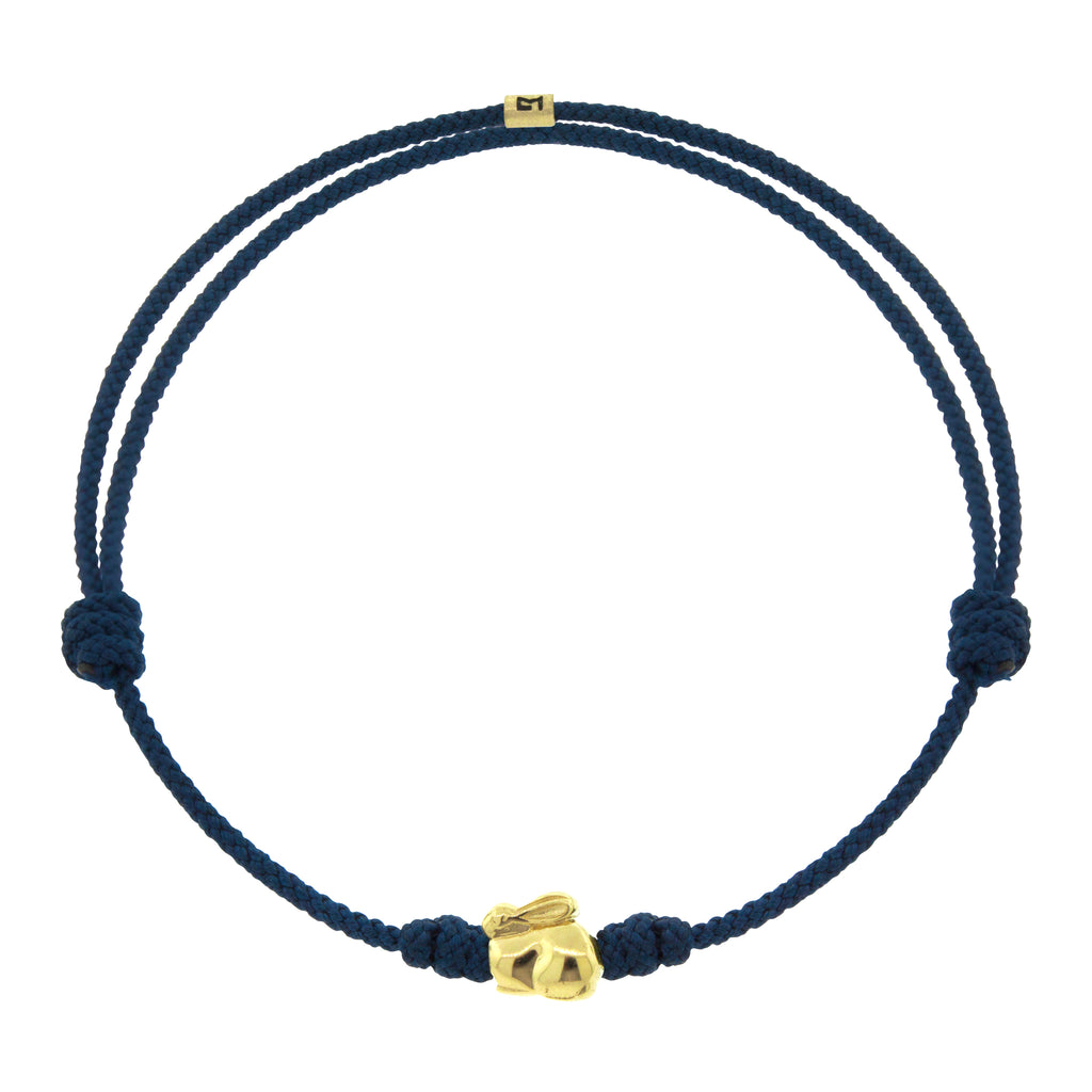 14K yellow gold 'Year of the Rabbit' navy cord bracelet. The rabbit symbolizes longevity, peace and prosperity. 