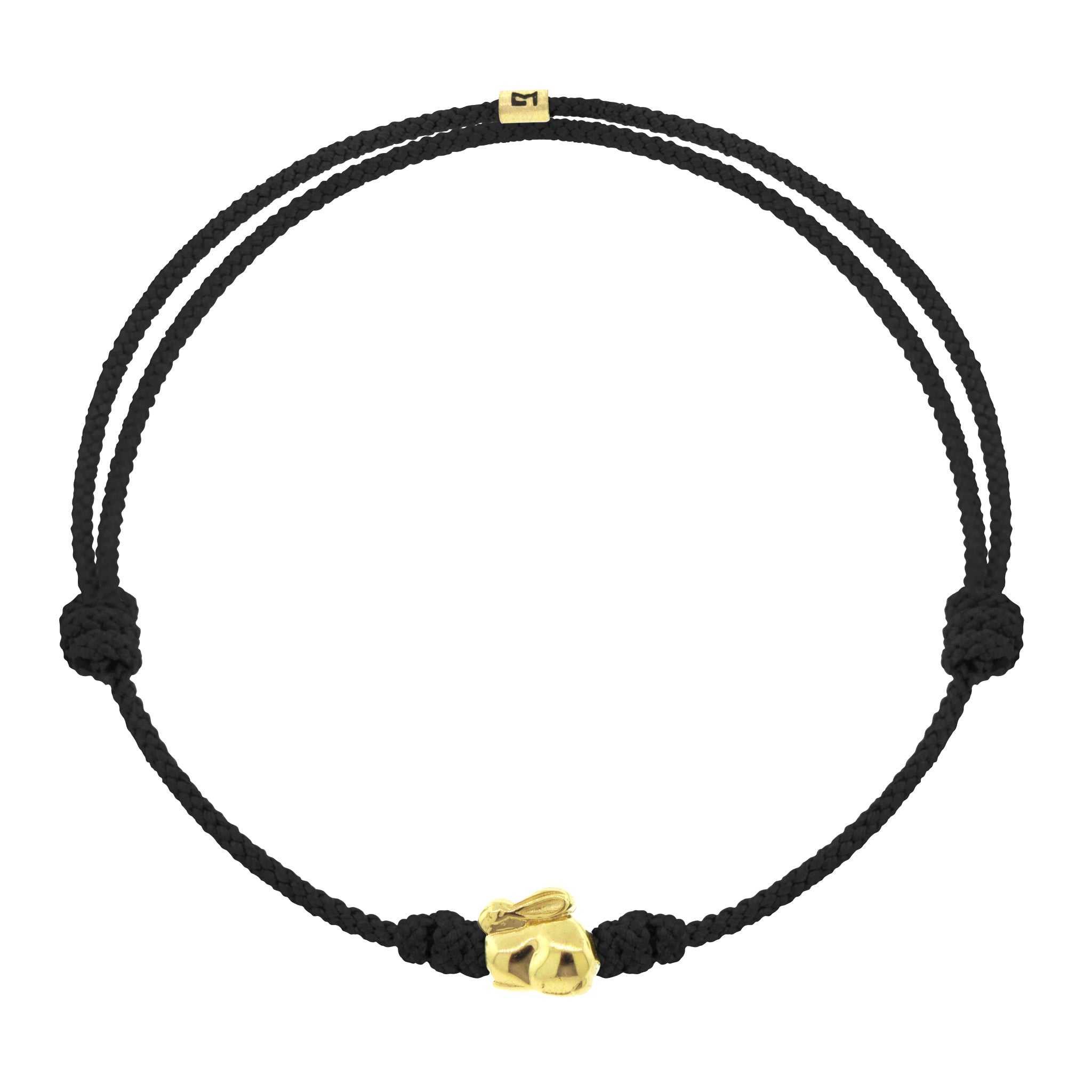 14K yellow gold 'Year of the Rabbit' black cord bracelet. The rabbit symbolizes longevity, peace and prosperity.