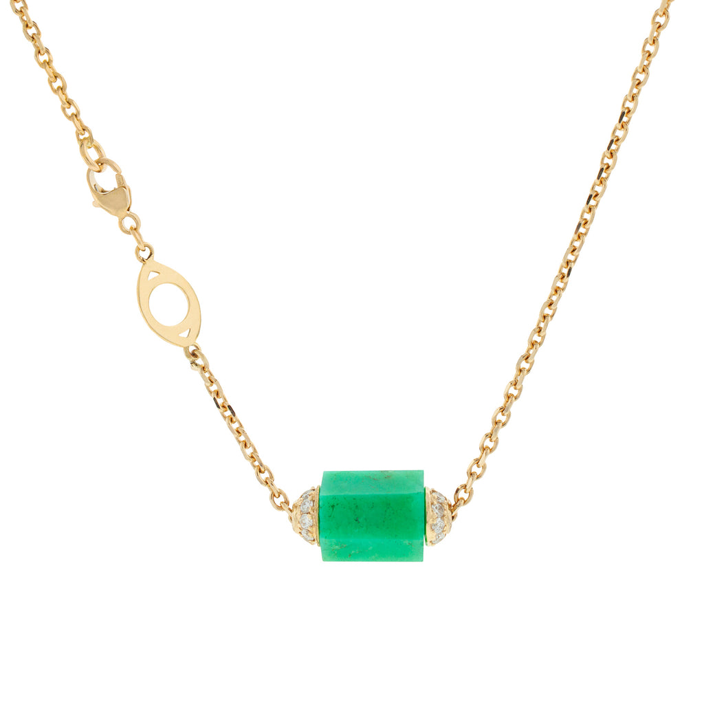 LUIS MORAIS 14K yellow gold chrysoprase bolt bead with two channels of white diamonds on a 1.75 mm chain necklace. EYE CLASP VERSION