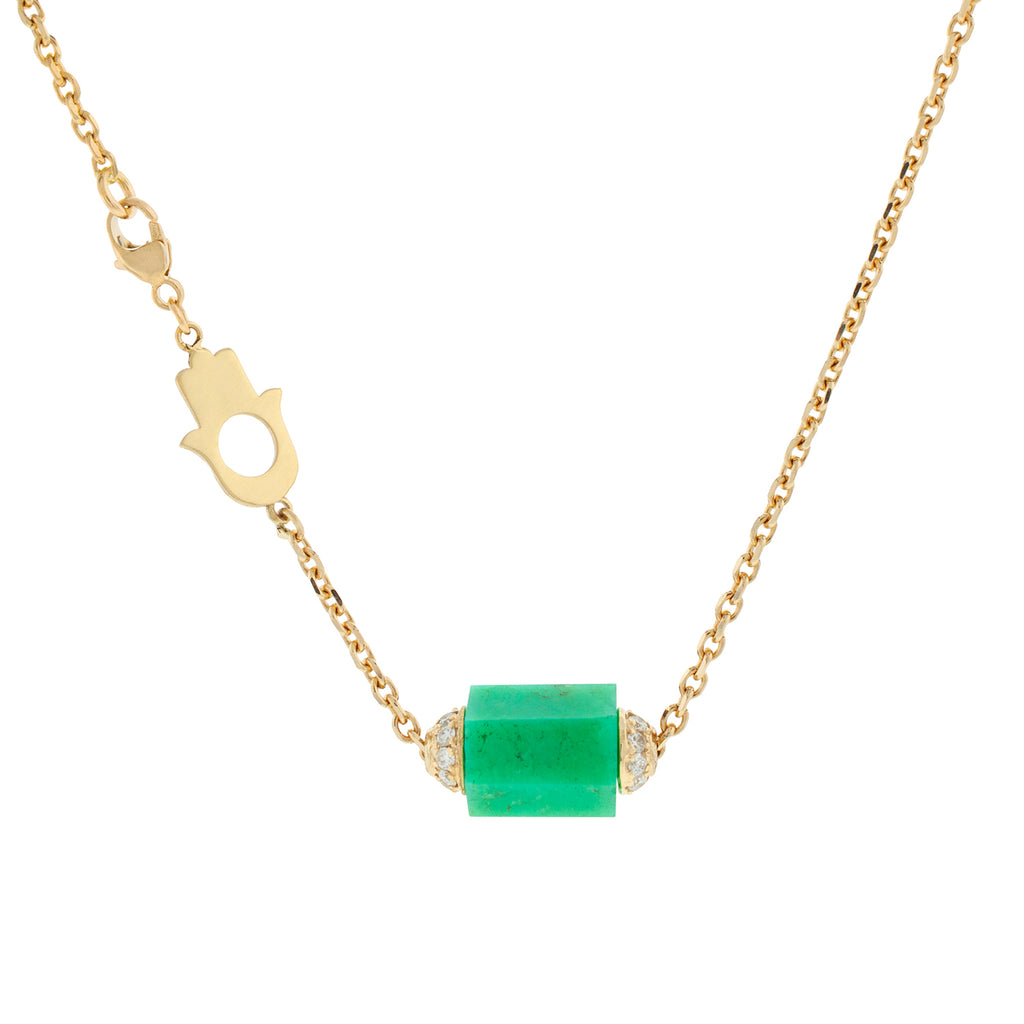 LUIS MORAIS 14K yellow gold chrysoprase bolt bead with two channels of white diamonds on a 1.75 mm chain necklace. HAMSA CLASP VERSION
