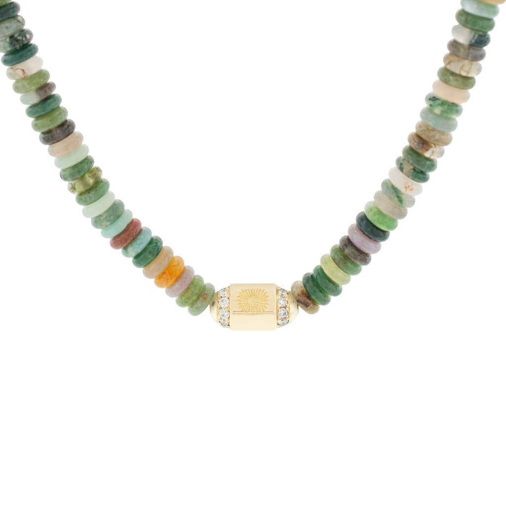 LUIS MORAIS 14K yellow gold hexagon sunburst bolt with two channels of white diamonds on an Indian agate gemstone beaded choker necklace with a 14K yellow gold long clasp