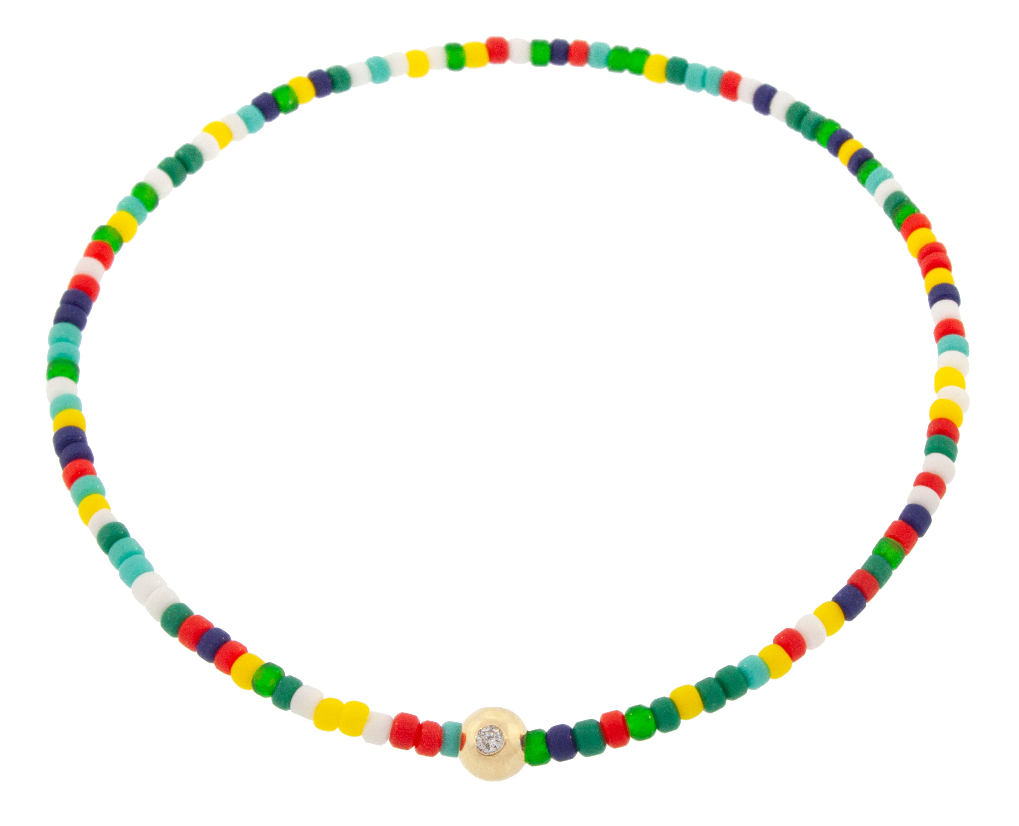 LUIS MORAIS 14k Yellow Gold Ball with White Diamond on a Multi Color Glass Beaded Bracelet