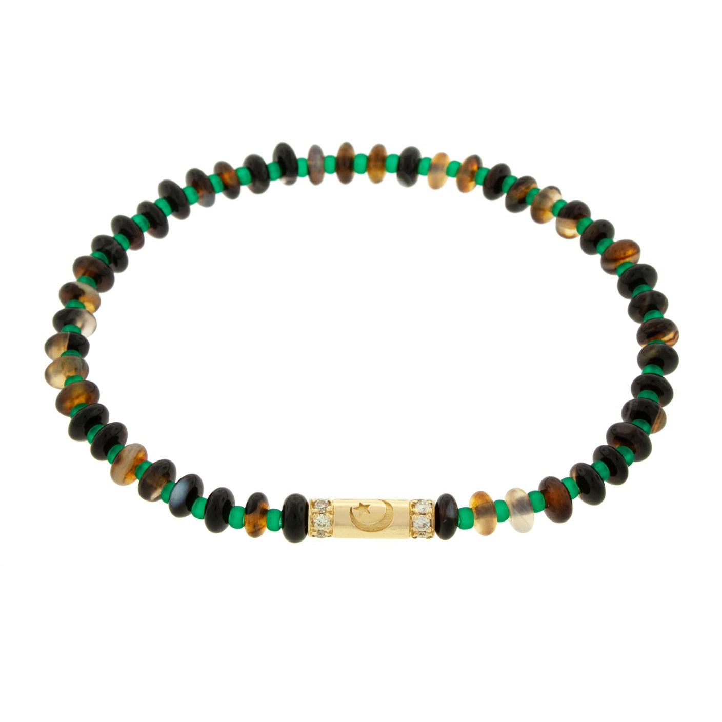 LUIS MORAIS 14K Yellow Gold Slim Tube with a Moonstar symbol and Two Channels of White Diamonds on a Gemstone and Glass Beaded Bracelet. There are 12 diamonds in total.