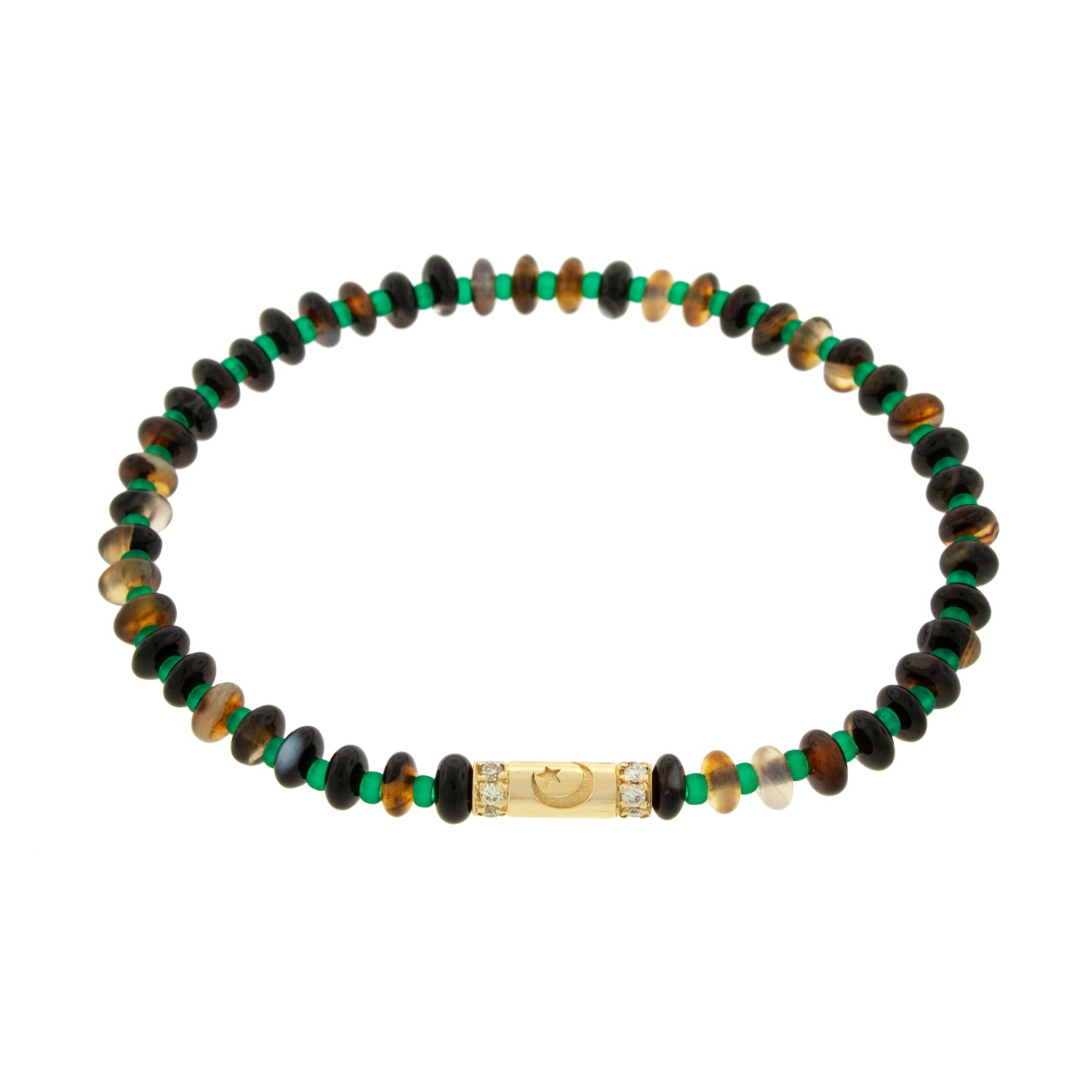 LUIS MORAIS 14K Yellow Gold Slim Tube with a Moonstar symbol and Two Channels of White Diamonds on a Gemstone and Glass Beaded Bracelet. There are 12 diamonds in total.