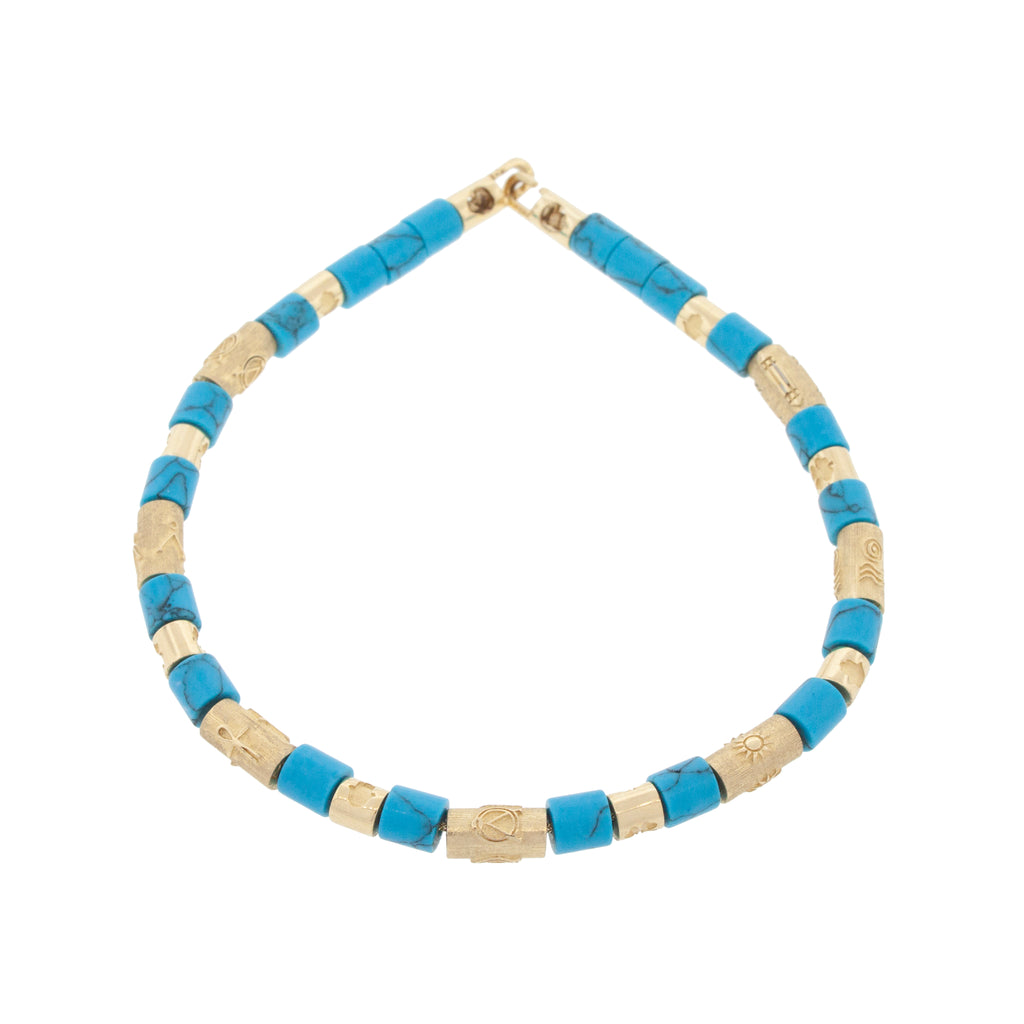 14k Yellow Gold Multi Symbol Cylinders and Turquoise Short Rolls on a Beaded Bracelet with hook clasp