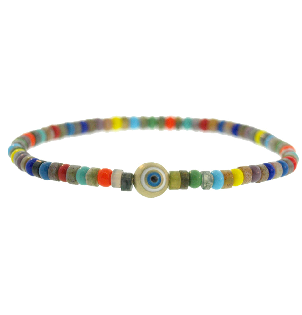 LUIS MORAIS 14k yellow gold round enameled Evil Eye ball on a glass and gemstone beaded bracelet.