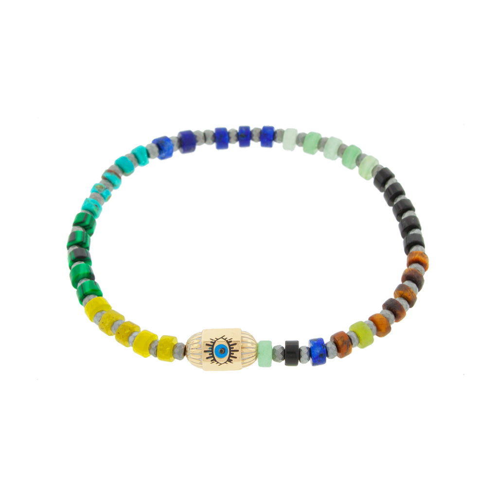 LUIS MORAIS 14K yellow gold ribbed hexagon bolt bead with an enameled protection eye multi gemstone and hematite beaded bracelet