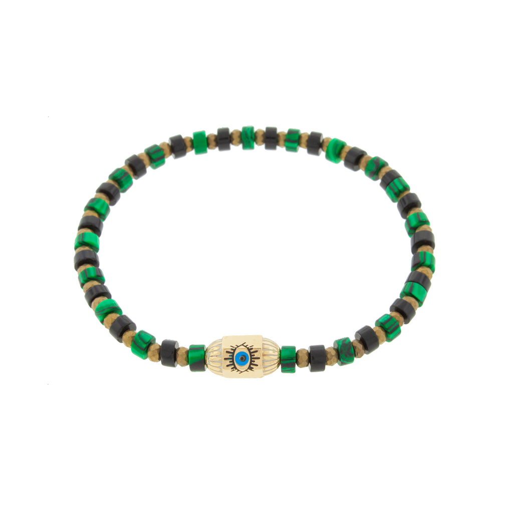 LUIS MORAIS 14K yellow gold ribbed hexagon bolt bead with an enameled protection eye on an onyx, malachite and hematite beaded bracelet
