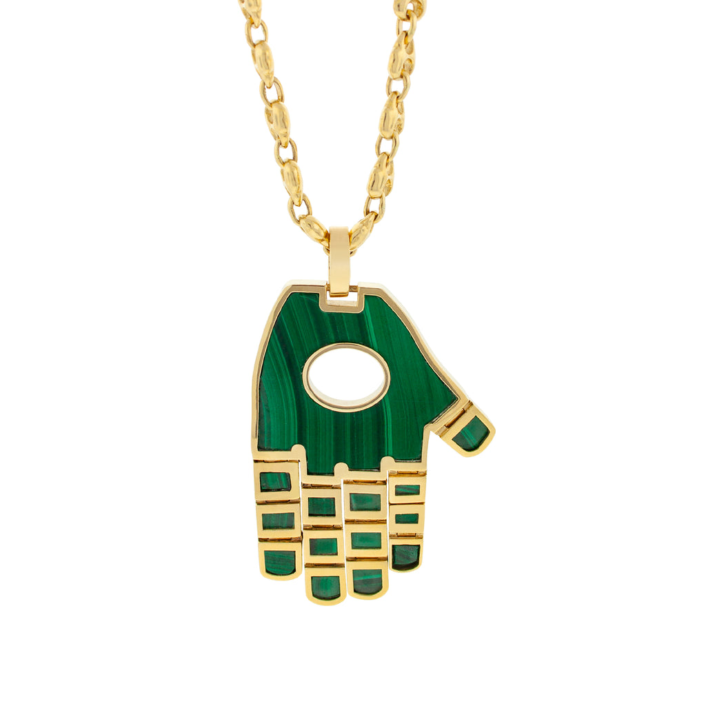 LUIS MORAIS 14K yellow gold Hand symbol pendant with malachite encased in gold 