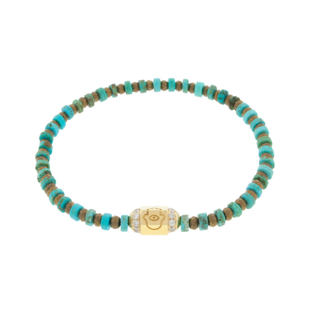 LUIS MORAIS 14K yellow gold hamsa hexagon bolt bead with two channels of white diamonds on a turquoise and hematite beaded bracelet