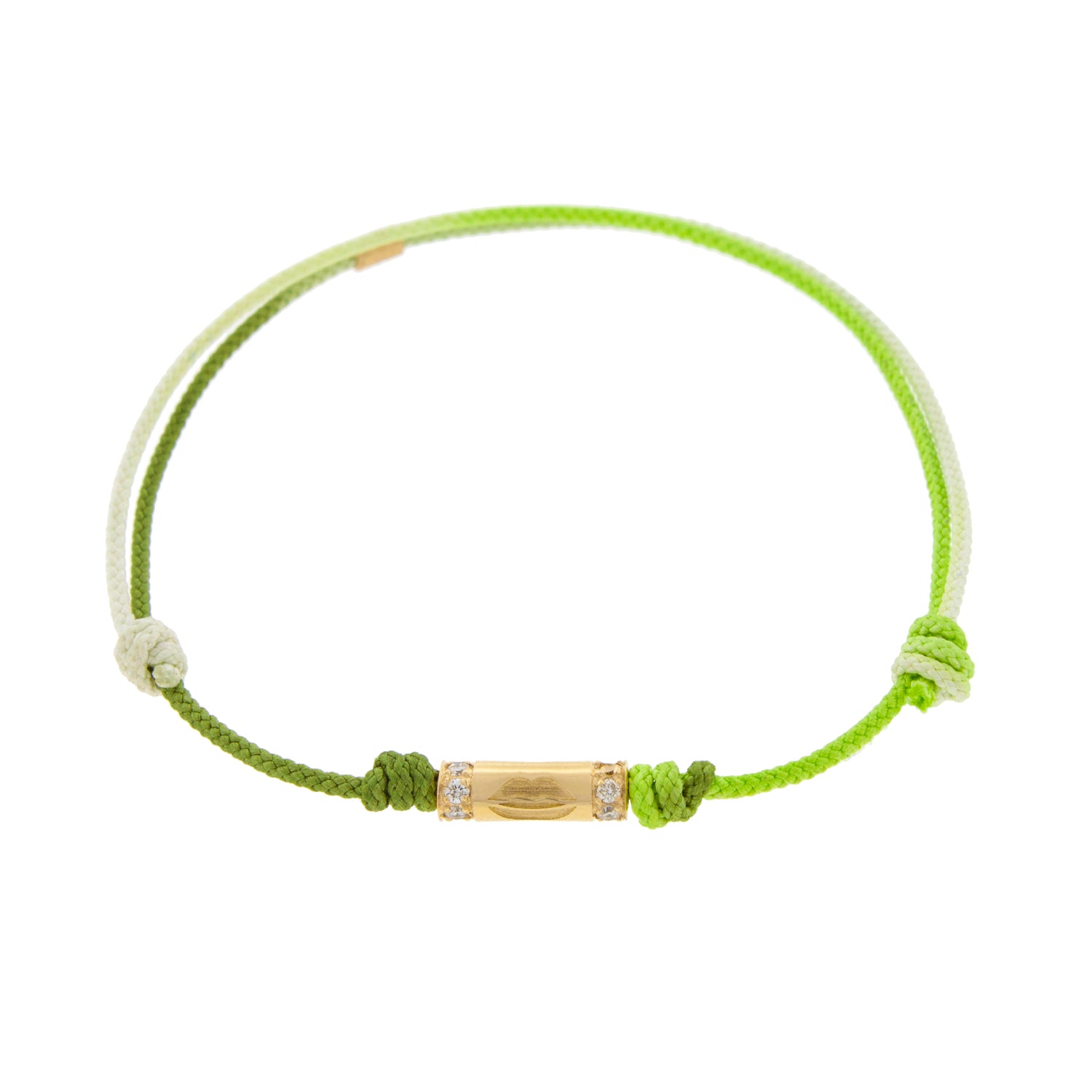 LUIS MORAIS 14K yellow gold slim tube with a symbol of lips and two channels of white diamonds on a green ombre cord bracelet