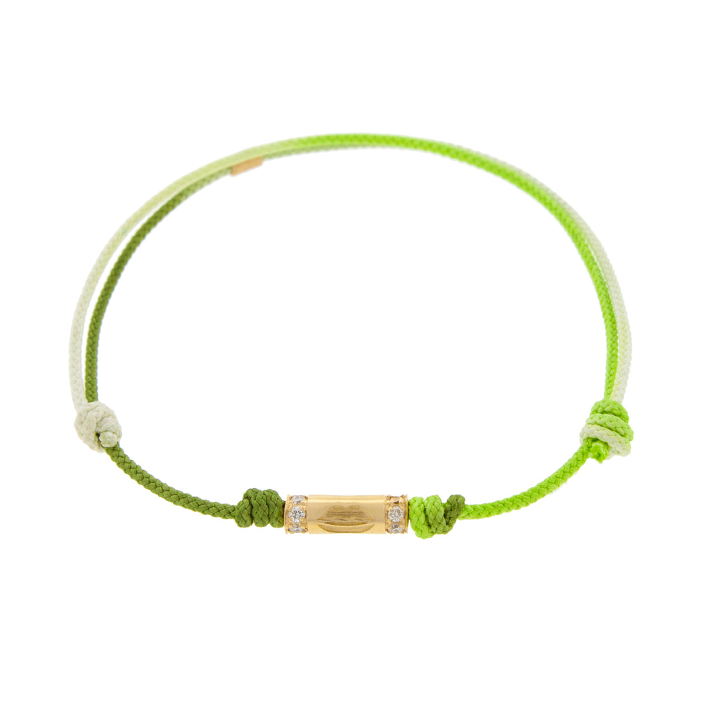 LUIS MORAIS 14K yellow gold slim tube with a symbol of lips and two channels of white diamonds on a green ombre cord bracelet 