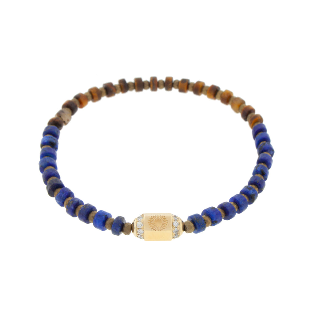 LUIS MORAIS 14K yellow gold sunburst hexagon bolt bead with two channels of white diamonds on a lapis, tiger's eye and hematite beaded bracelet