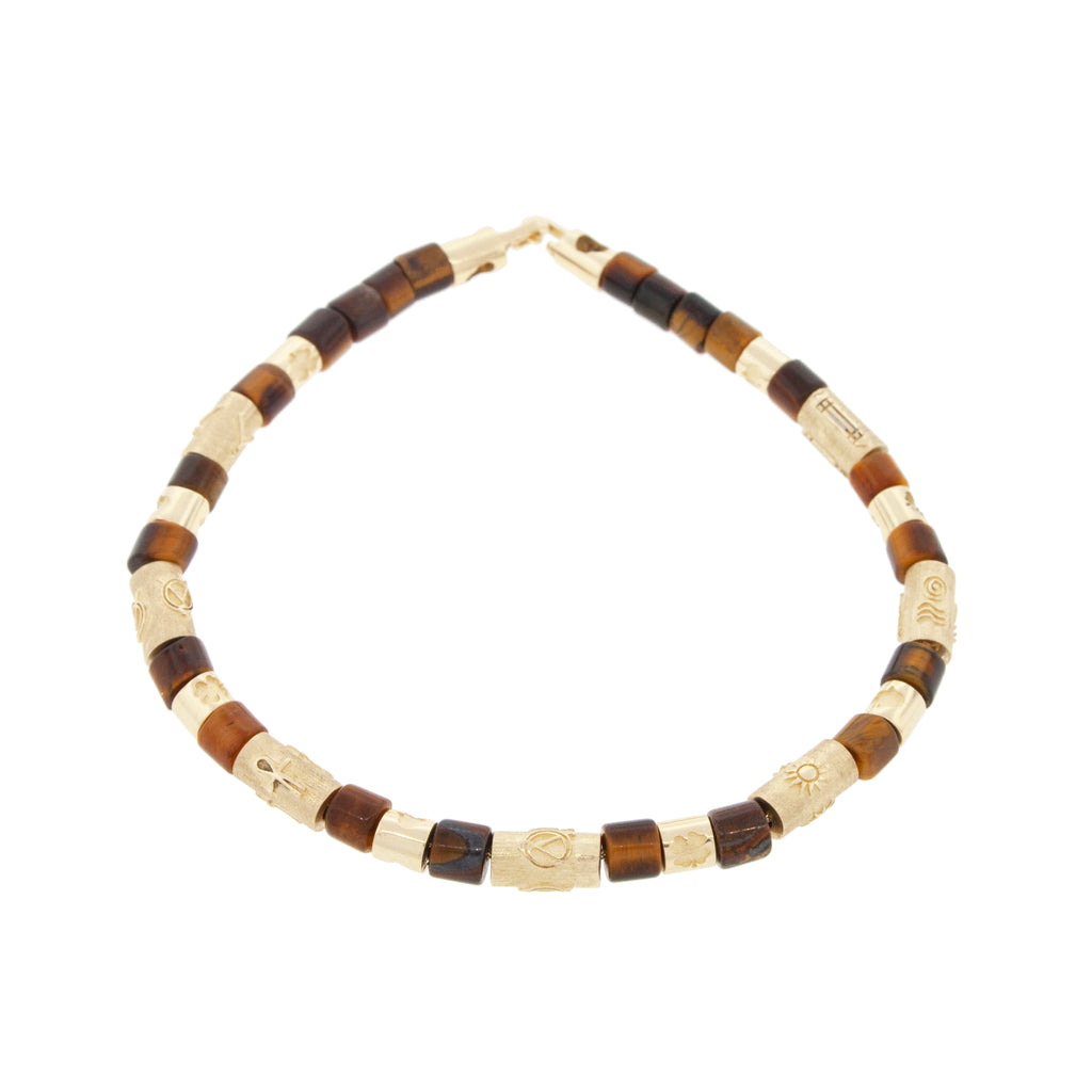 14k Yellow Gold Multi Symbol Cylinders and Tiger's Eye Short Rolls on a Beaded Bracelet with hook clasp
