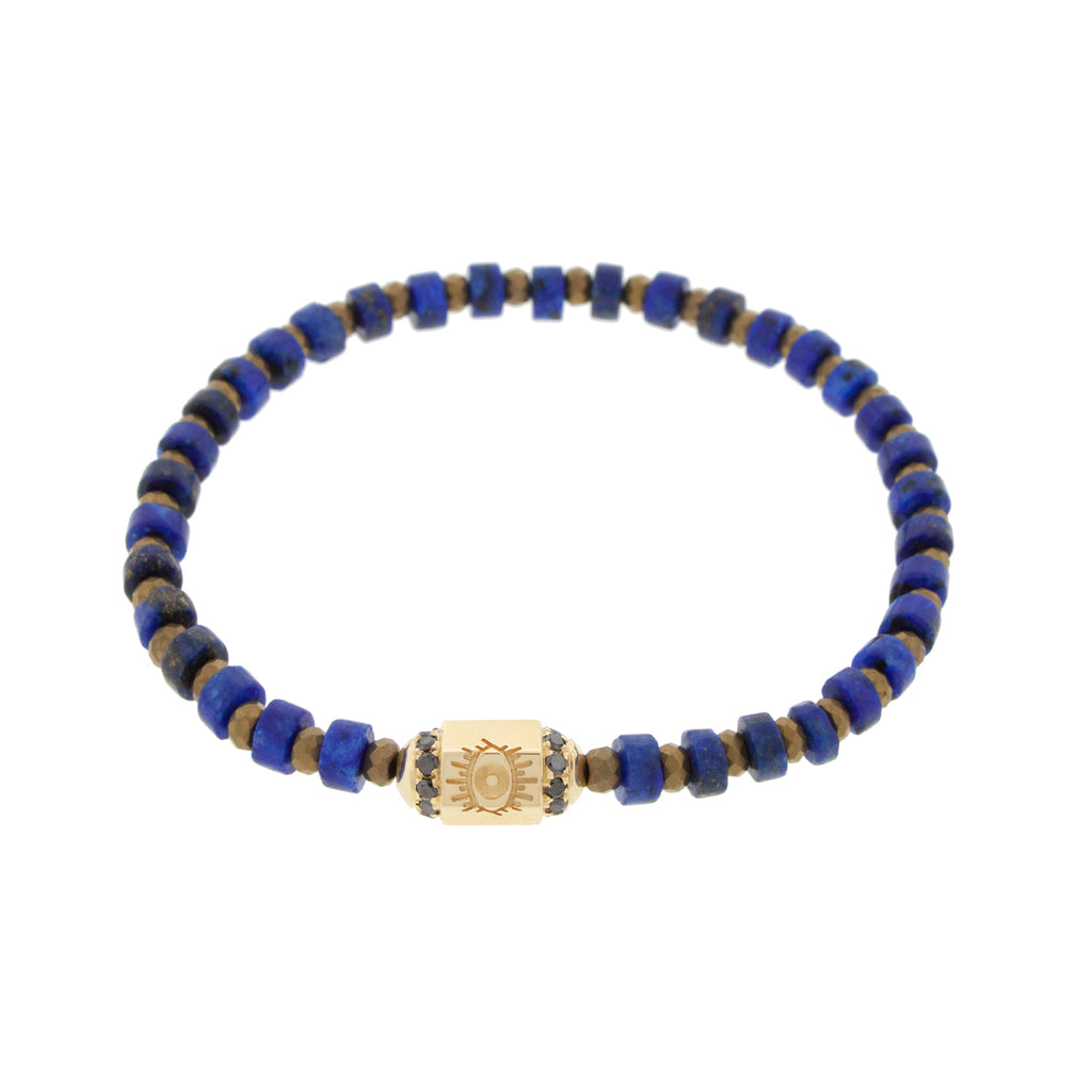 LUIS MORAIS 14K yellow gold hexagon protection eye bolt bead with two channels of black diamonds on a lapis and hematite beaded bracelet