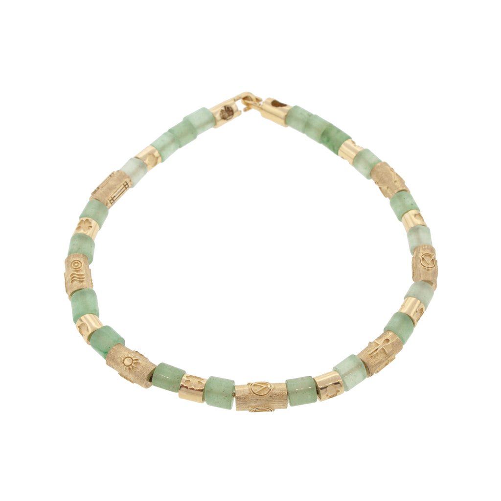 14k Yellow Gold Multi Symbol Cylinders and Green Aventurine Short Rolls on a Beaded Bracelet with hook clasp