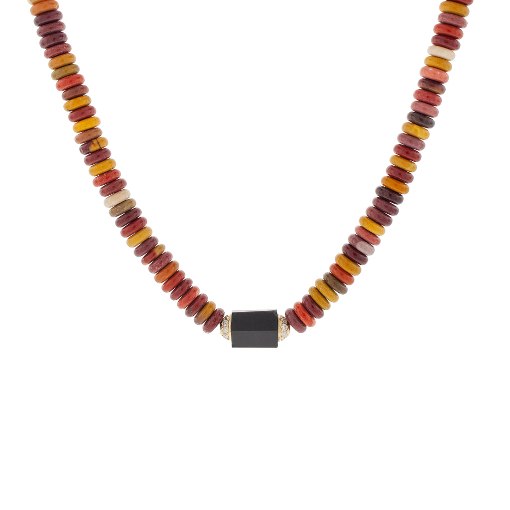 LUIS MORAIS 14K yellow gold hexagon onyx bolt with two channels of white diamonds on an egg yolk mixed gemstone beaded choker necklace with a 14K yellow gold long clasp