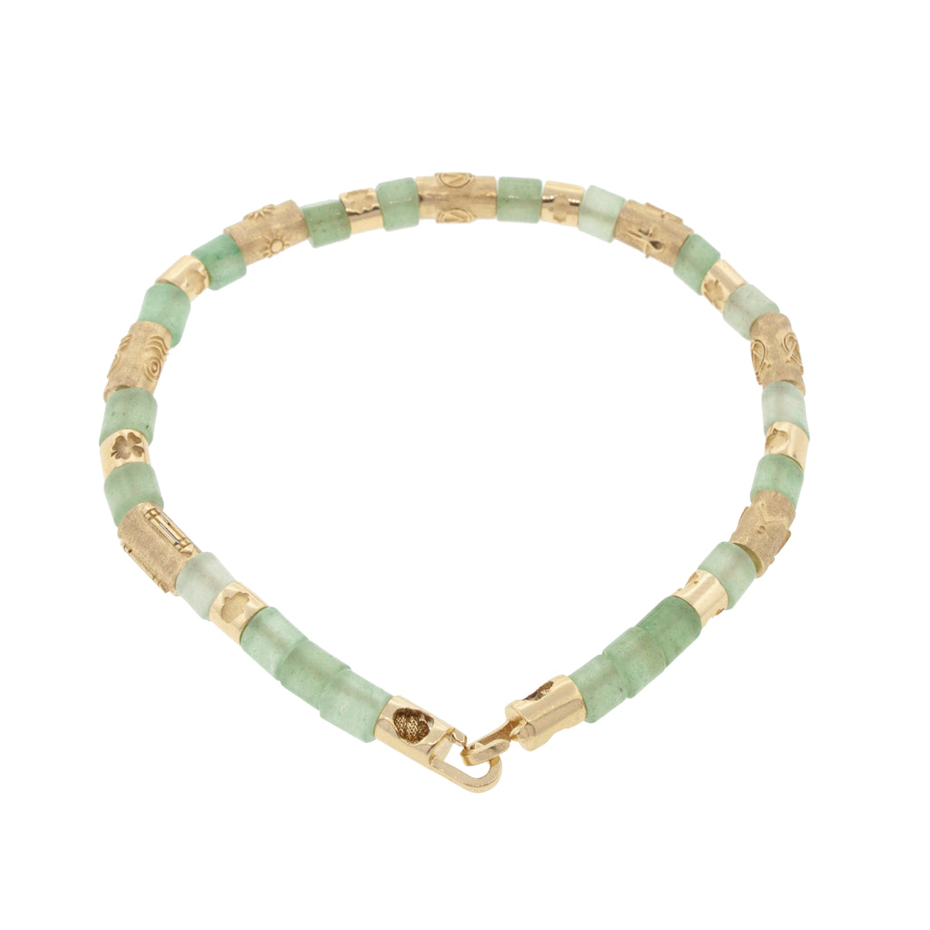 Multi Symbol Cylinders and Green Aventurine Short Rolls on a Beaded Bracelet