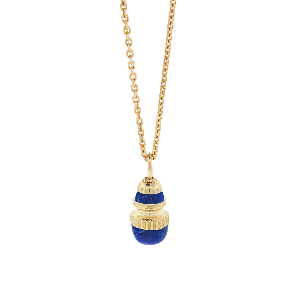 14K Yellow Gold Amulet Pendant with Lapis  Available in the below options:  PENDANT: Pendant Alone  BEADED: 24 Inch Beaded Necklace with Skull Outline Clasp  1CHAIN: 20 inch 1mm delicate chain  2CHAIN: 24 inch 1mm delicate chain  3CHAIN: 24 inch 1.75 mm heavy chain