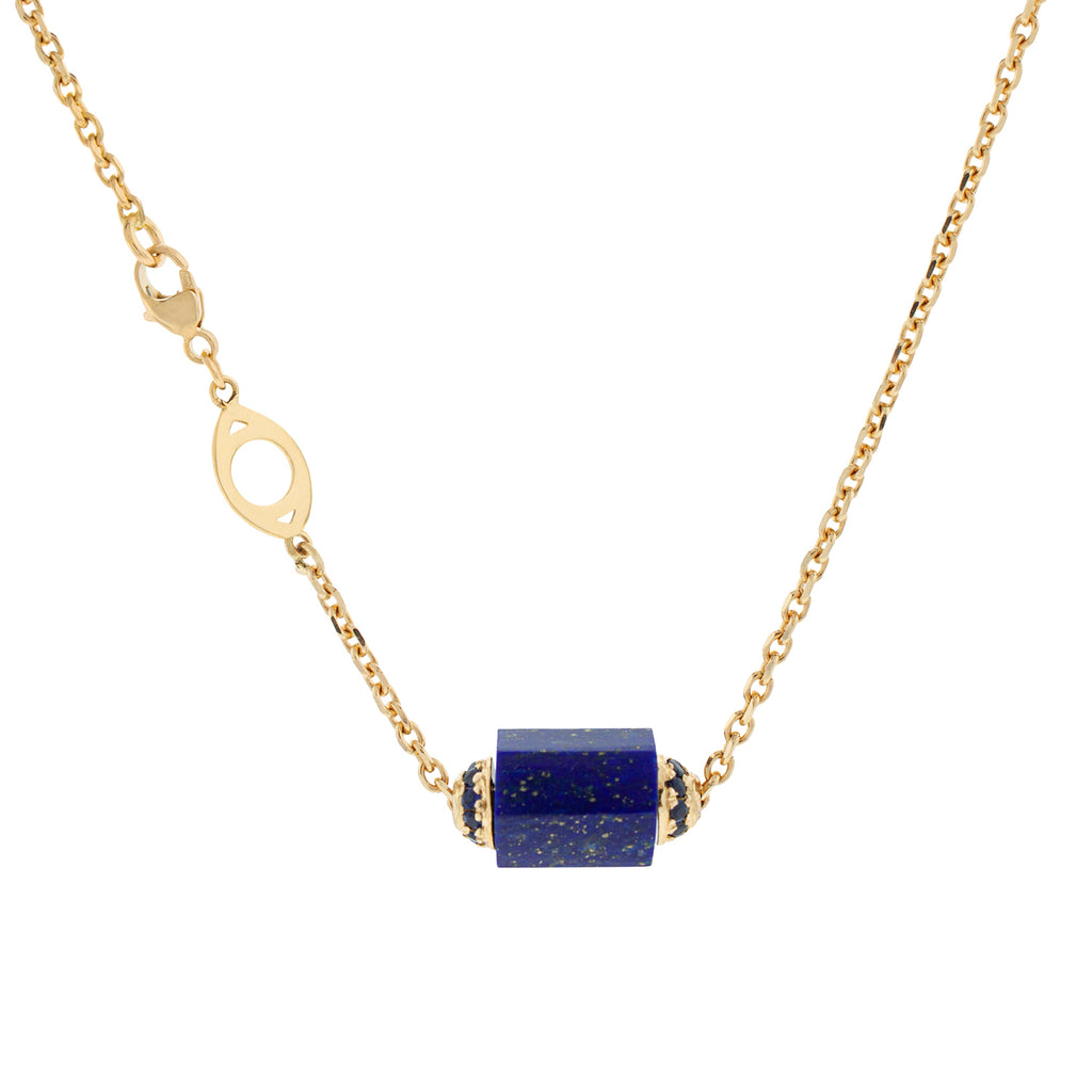 LUIS MORAIS 14K yellow gold lapis bolt bead with two channels of blue sapphires on a 1.75 mm chain necklace eye clasp