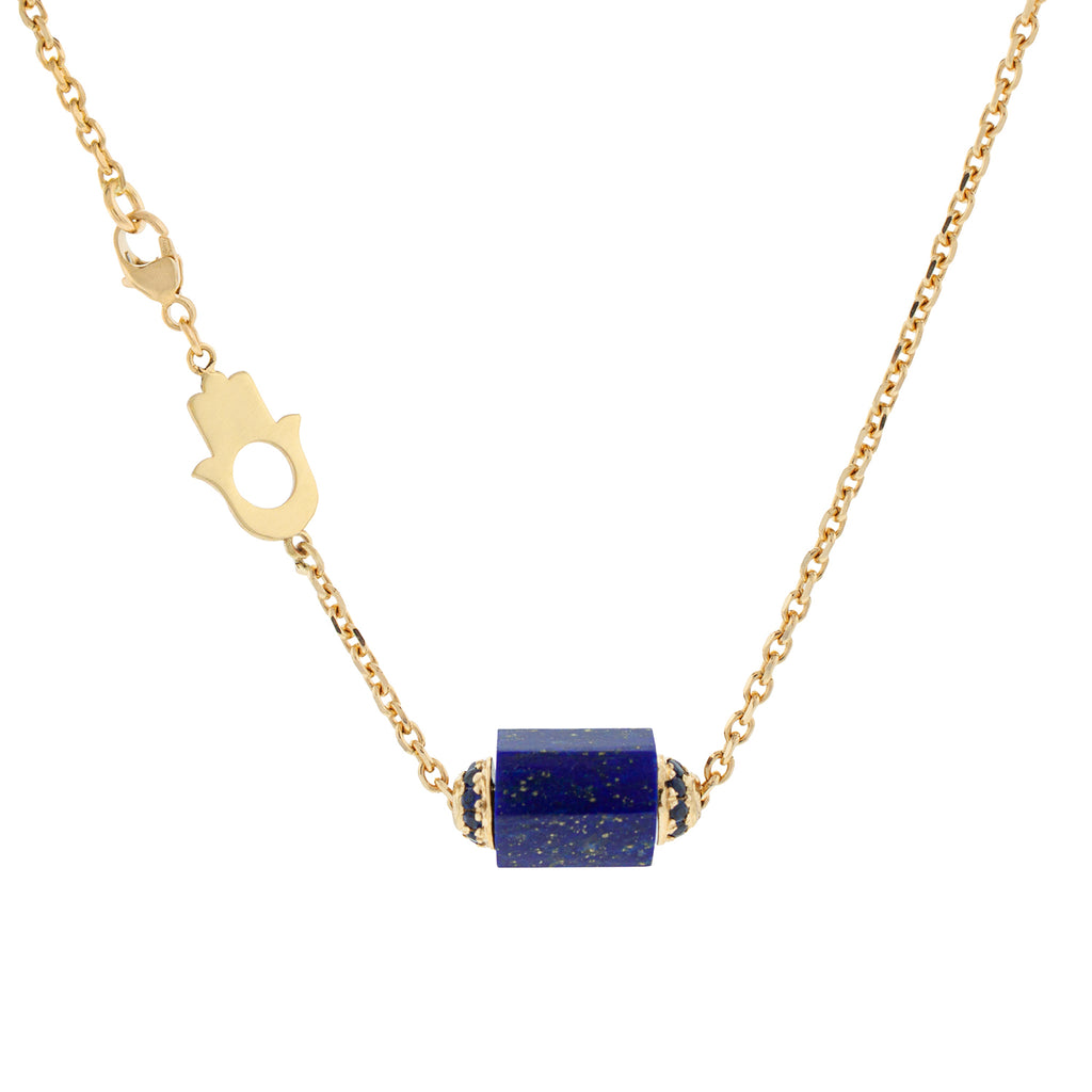 LUIS MORAIS 14K yellow gold lapis bolt bead with two channels of blue sapphires on a 1.75 mm chain necklace hamsa clasp