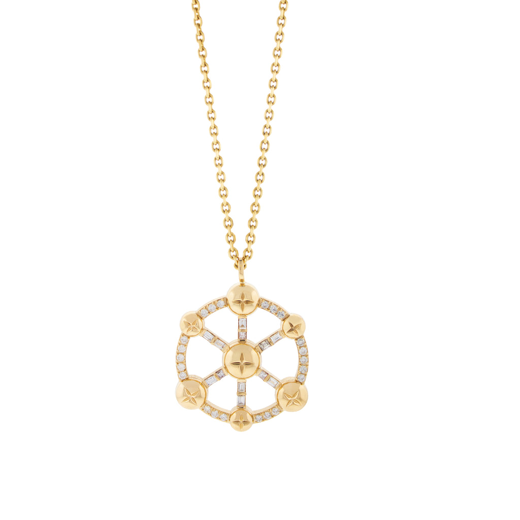 LUIS MORAIS 14K yellow gold disco ball pendant with TLC baguette, princess and round cut diamonds