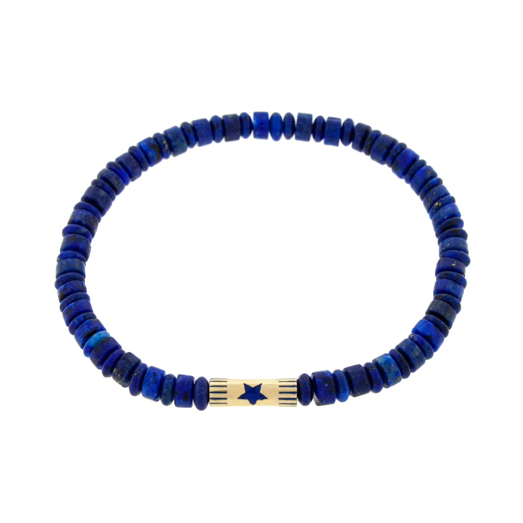 LUIS MORAIS 14K yellow gold slim tube with enameled five pointed star on a lapis gemstone beaded bracelet