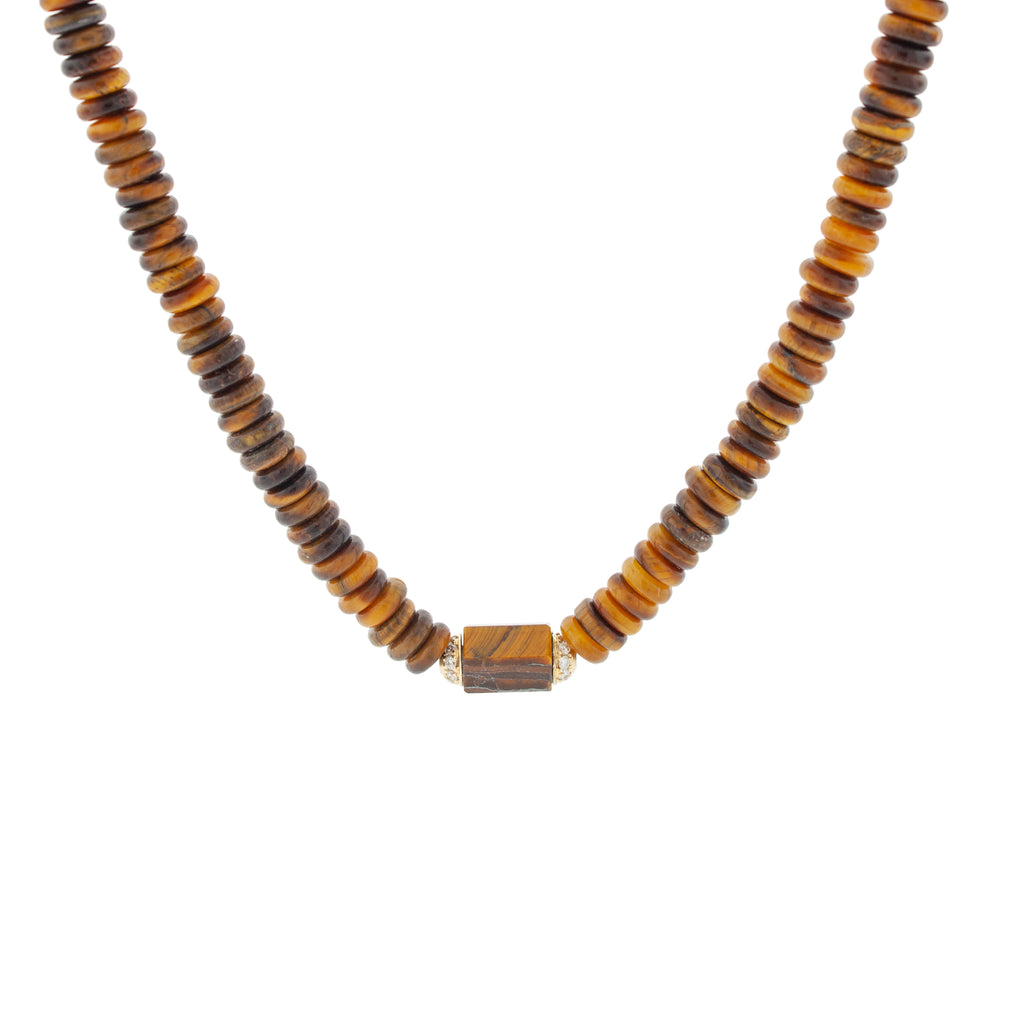 LUIS MORAIS 14K yellow gold hexagon tiger's eye bolt with two channels of white diamonds on a tiger's eye gemstone beaded choker necklace with a 14K yellow gold long clasp