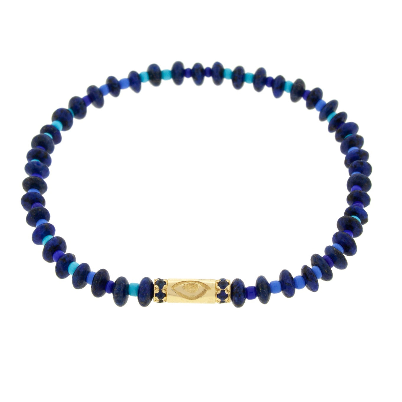 LUIS MORAIS 14K yellow gold slim tube with an evil eye symbol and two channels of blue sapphires on a lapis and glass beaded bracelet