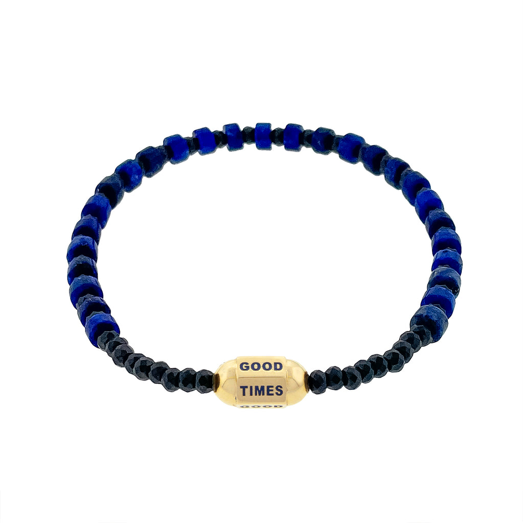 LUIS MORAIS 14K hexagon bolt bead with enameled 'Good Times' on a lapis and hematite gemstone beaded bracelet