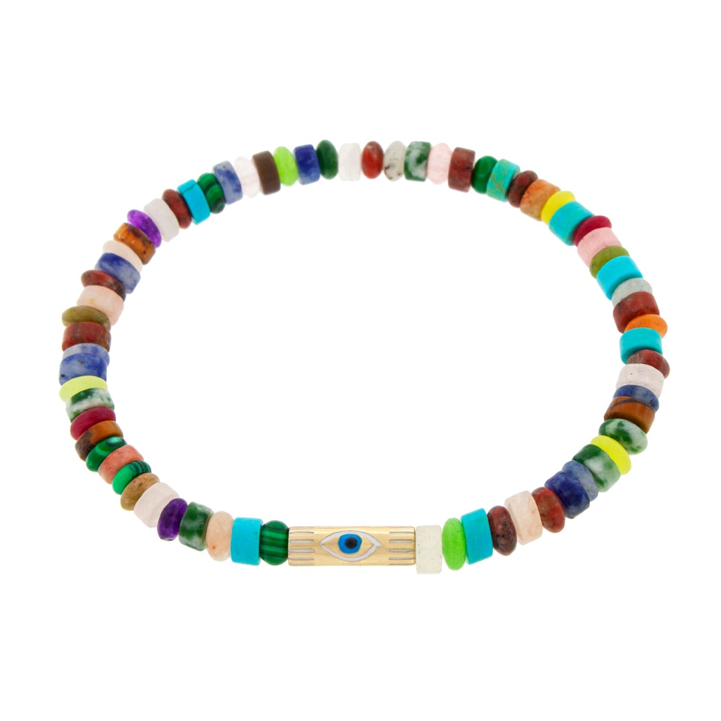 LUIS MORAIS 14K yellow gold slim tube with enameled evil eye on a multi gemstone beaded bracelet