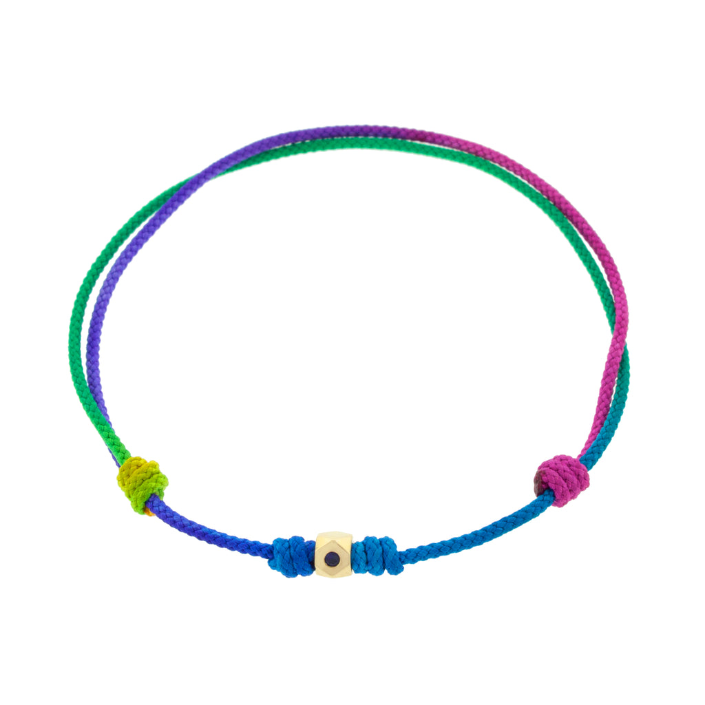 LUIS MORAIS 14K Yellow Gold Flat Tetra Bead with a Blue Sapphire on a Rainbow Cord Bracelet