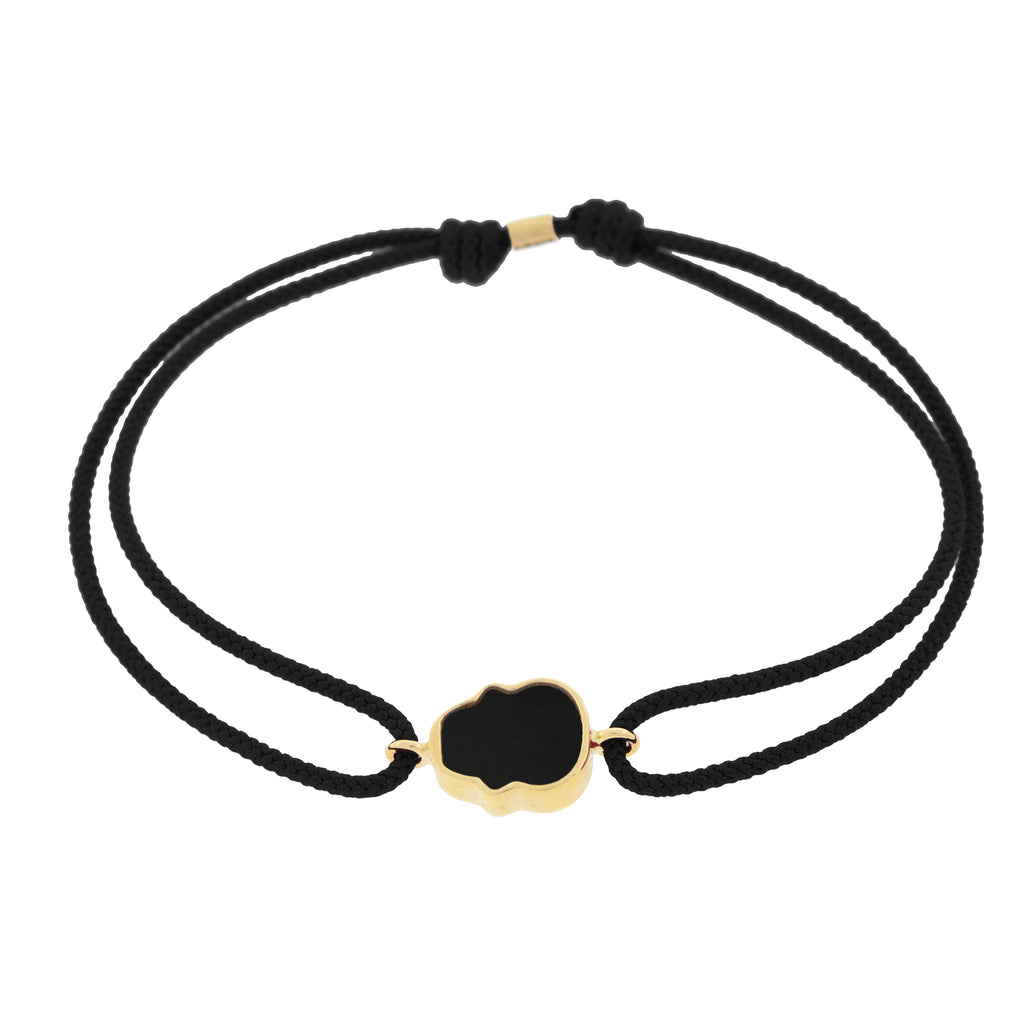 LUIS MORAIS 14K yellow gold 'The Good Times' small skull face medallion with an onyx gemstone backing on a black cord bracelet BACK PHOTO