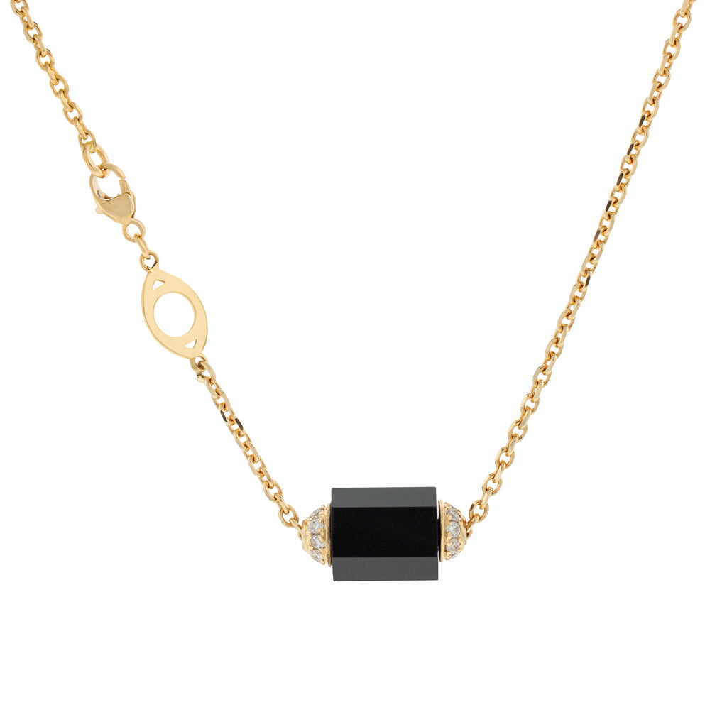 LUIS MORAIS 14K yellow gold hexagon onyx bolt bead with two channels of white diamonds on a 1.75 mm chain necklace. EYE CLASP