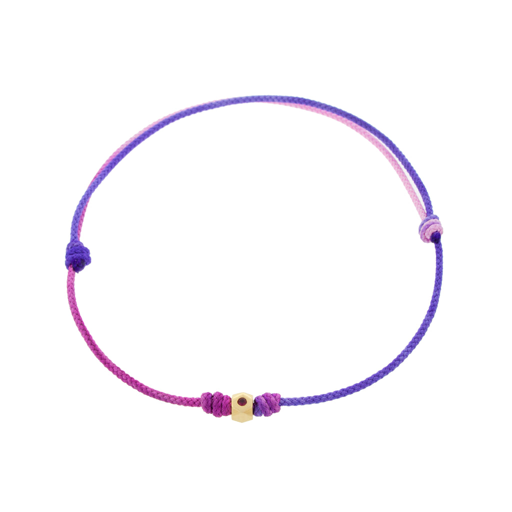 LUIS MORAIS 14K Yellow Gold Flat Tetra Bead with a Ruby on a Purple Ombre Cord Bracelet