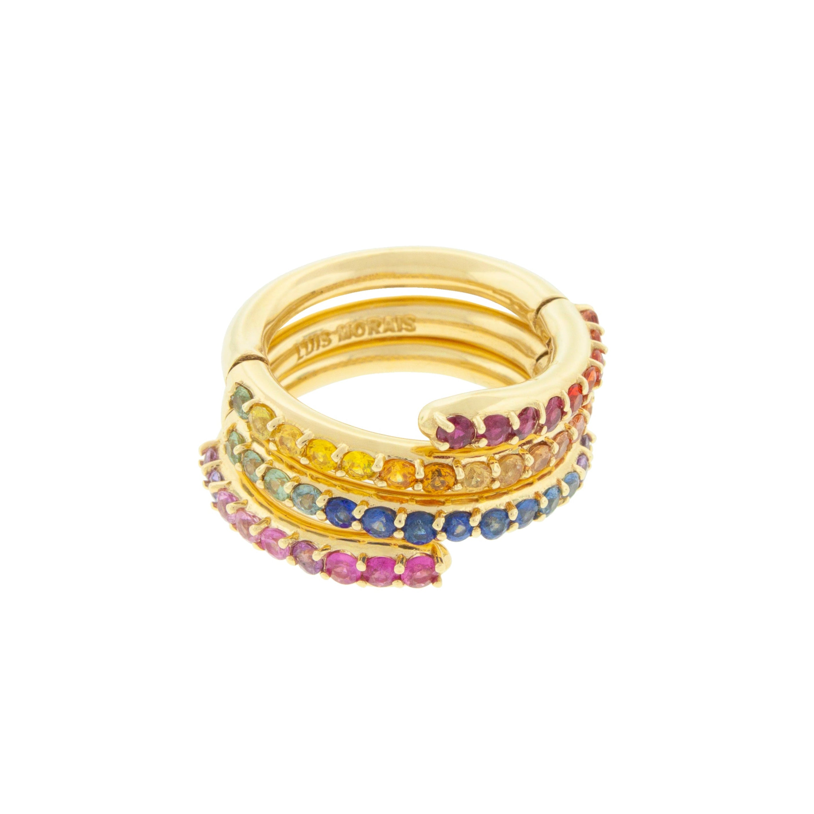 14K Yellow Gold Serpentine Ring with Round Rainbow Sapphires 